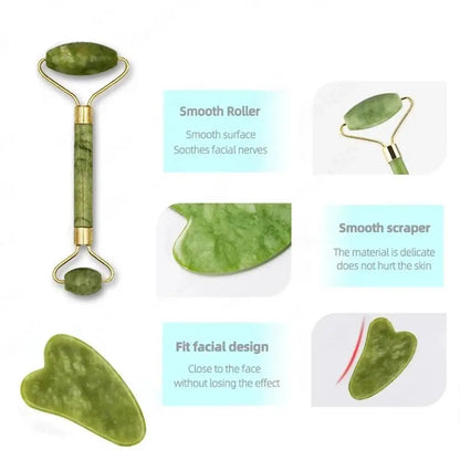Gua Sha Tool Facial Beauty Device Body Massage Device Facial Roller Exquisite Skincare Scraping Sheet Combination Set Green