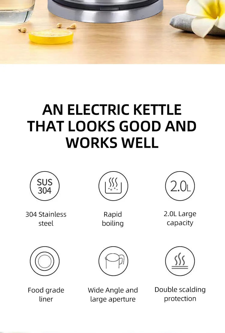 110V 220V Electric Kettle Household Stainless Steel Water Boiling Pot 2L Kettle Home Appliance