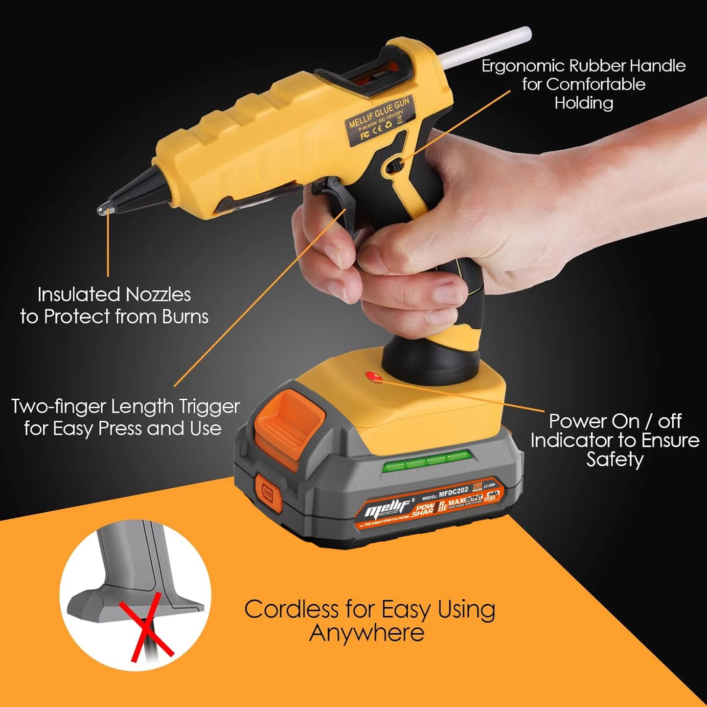 Cordless Hot Glue Gun Compatible with Dewalt 18V 20V Battery for Arts/Crafts/Diy/Repairs(Tool Only)with 30Pcs 7*150mm Glue Stick