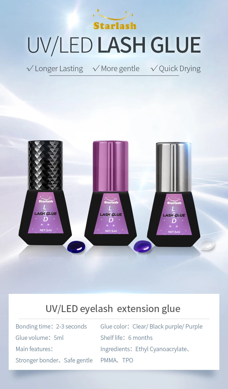 Starlash UV - 005 LED Lash Extension Glue | 1s/2s Fast Cure | 7 - 10 Weeks Hold | Waterproof & Sensitive - Safe