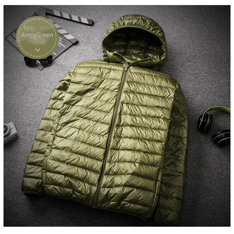 Mens Coat Autumn Winter Ultralight Thin Down Jacket 90% White Duck Down Hooded Jackets Warm Coat Parka Men Portable Outwear 2024