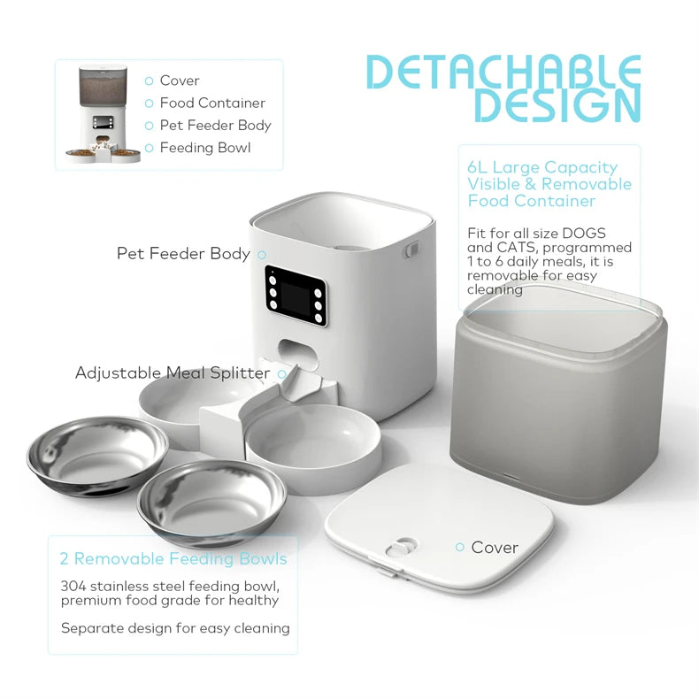 Tuya Automatic Pet Feeder 6L Capacity Food Quantitative Dispense Double Stainless Steel Bowl Record Time Feed Remote APP Control