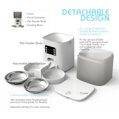 Tuya Automatic Pet Feeder 6L Capacity Food Quantitative Dispense Double Stainless Steel Bowl Record Time Feed Remote APP Control