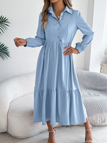 Casual Vacation Long Sleeved Turn-down Collar Single-Breasted Dress Spring Autumn Fashion Women's Clothing