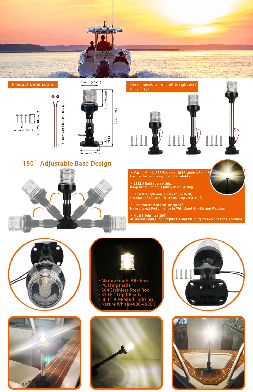 LED Fold Down Anchor Light, Sailing Signal Lamp for Marine, Boat Yacht Accessories, 12-24V