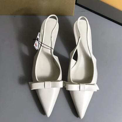 2025 Modern Office Shoes for Women White Black Wedding Slingback Pointed Toe Butterfly Decoration Female High Heeled Sandals