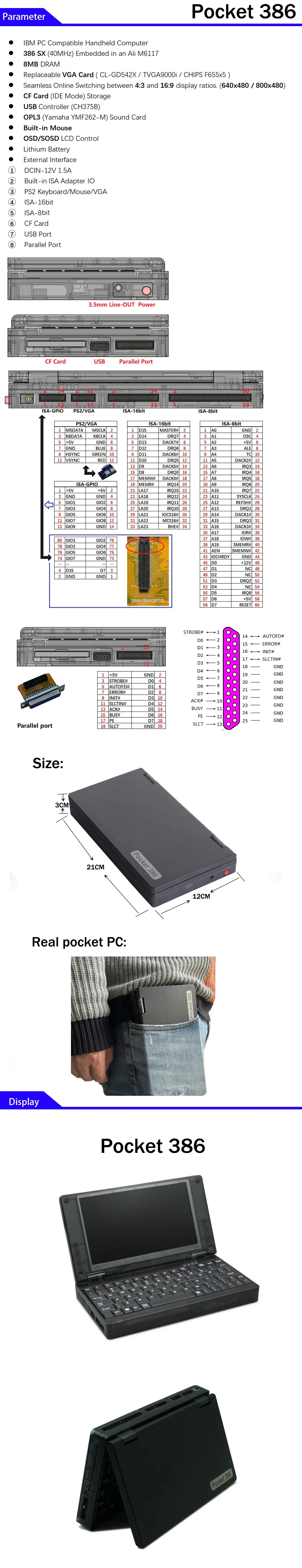 Pocket 386 windows3.11/95 system retro notebook computer OPL3 sound card VGA IPS Screen Integrated Mouse