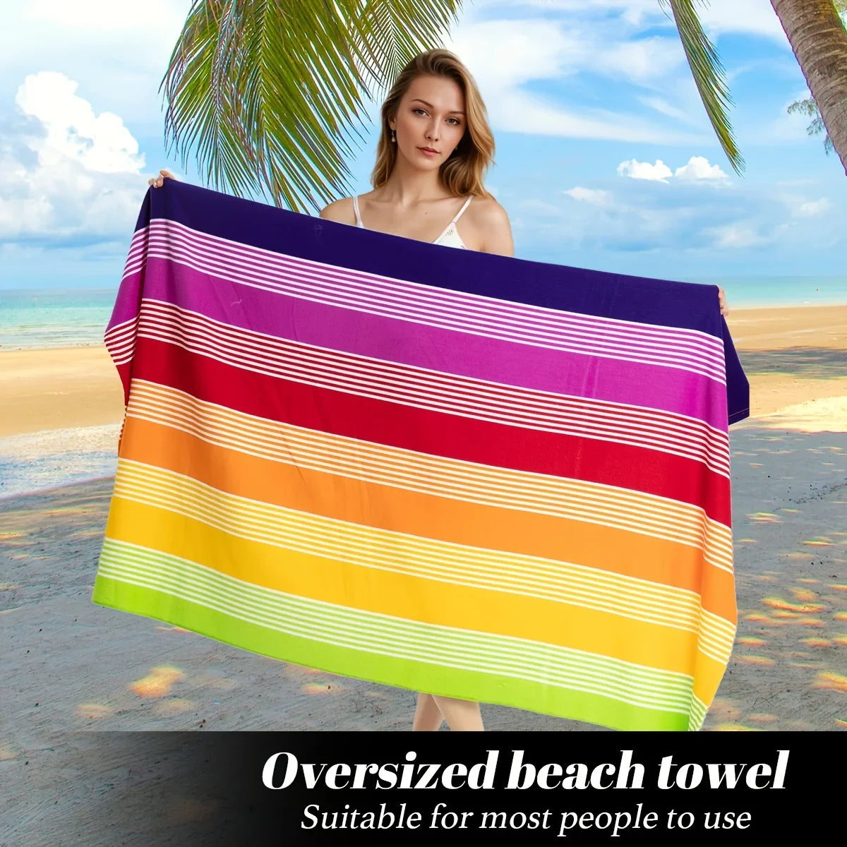 Oversized Beach Towel 280g/㎡ Microfiber, Rainbow Quick-Dry for Pool Travel, Tropical Design, Fade-Resistant & Washable