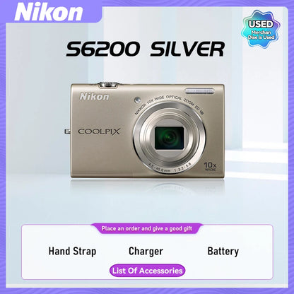 Nikon COOLPIX S6000 S6100 S6200 Portable Small Card Digital Camera 10X Optical Zoom Lens 16.00MP 720P HD Video Cameras（Used）