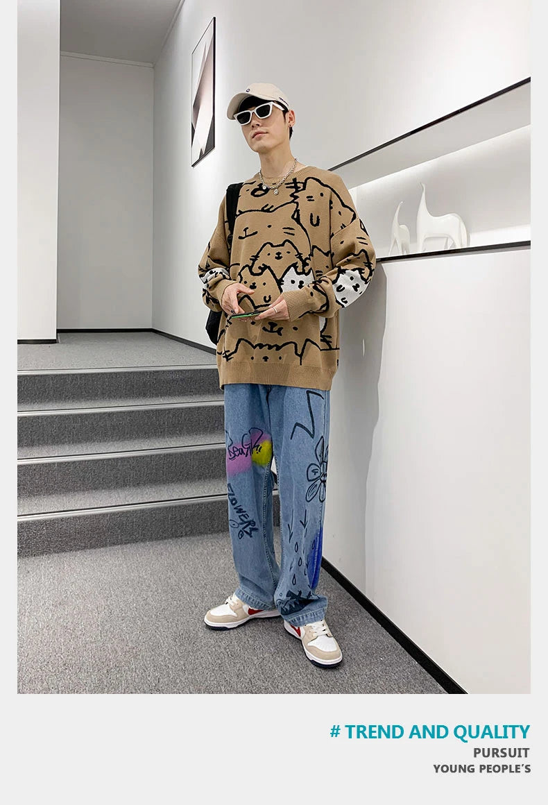 Autumn Cotton Anime Sweaters Men Retro Harajuku Vintage Oversized Sweaters Loose Cute Cartoon Cat Pullovers Homme Men Clothing