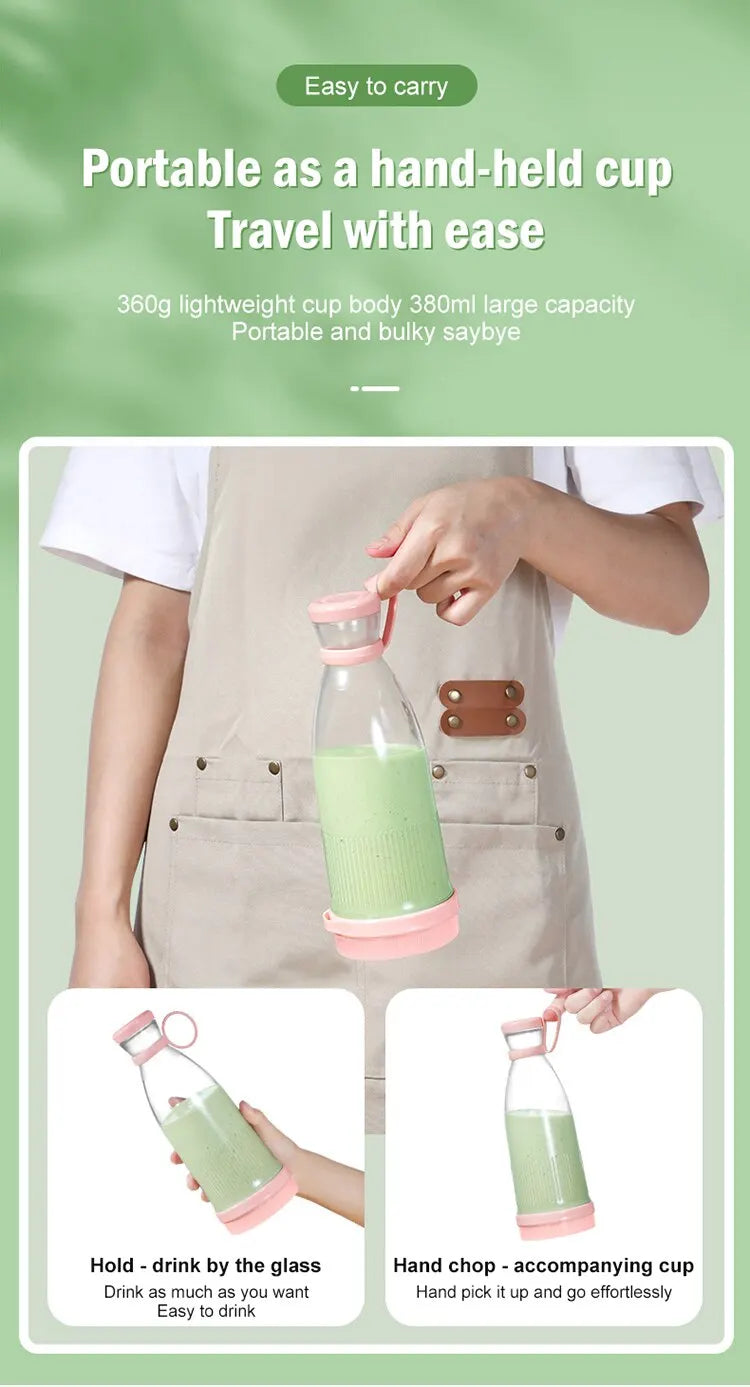 USB Rechargeable Portable Blender Juicer 380ml Compact Smoothie Maker for Fruits Vegetables Quiet Cordless Mixer with Travel Lid