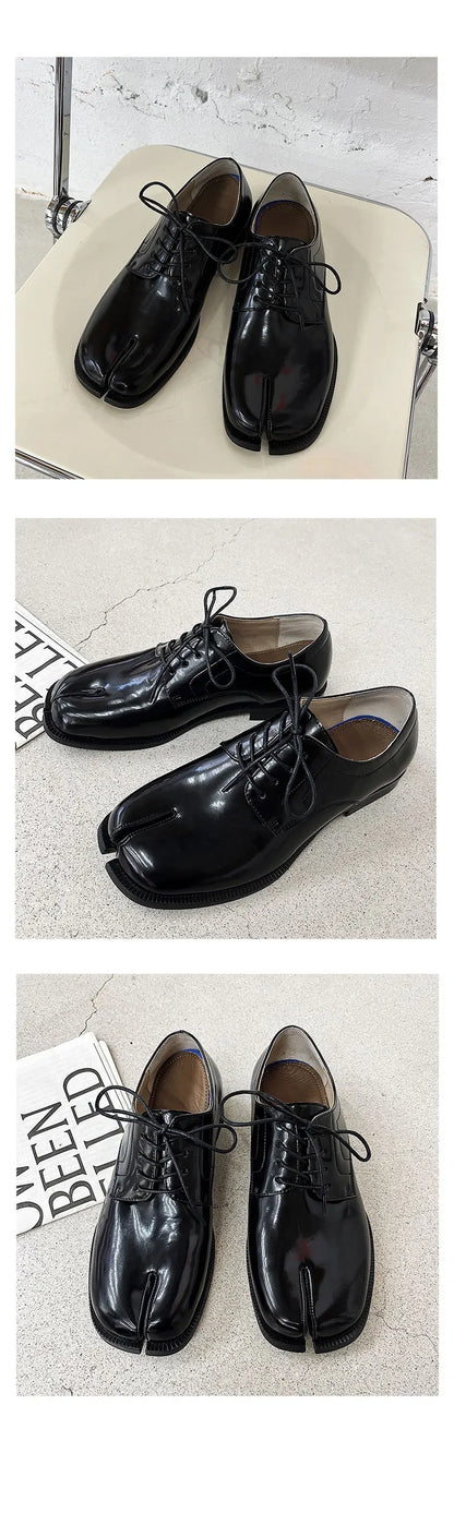 Horseshoe split toe couple leather shoes, Tabi shoes square toe cap unisex original design new Korean personality trend