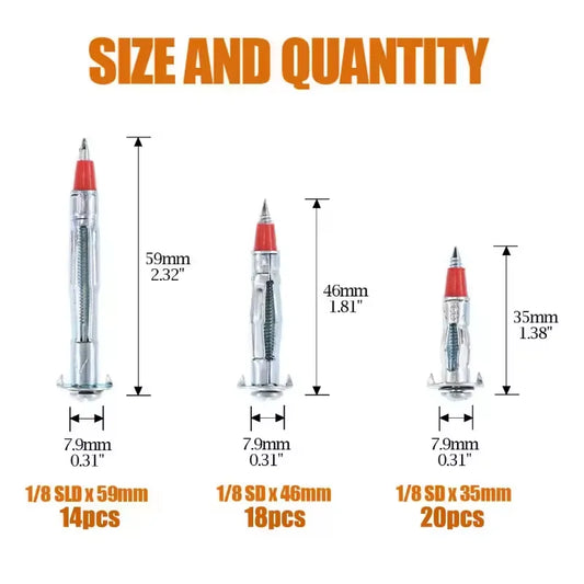 52PCS Galvanized Steel Anchor Screw Combination Kit 35mm 46mm 59mm Hollow Wall Drywall Anchors for Secure Fastening