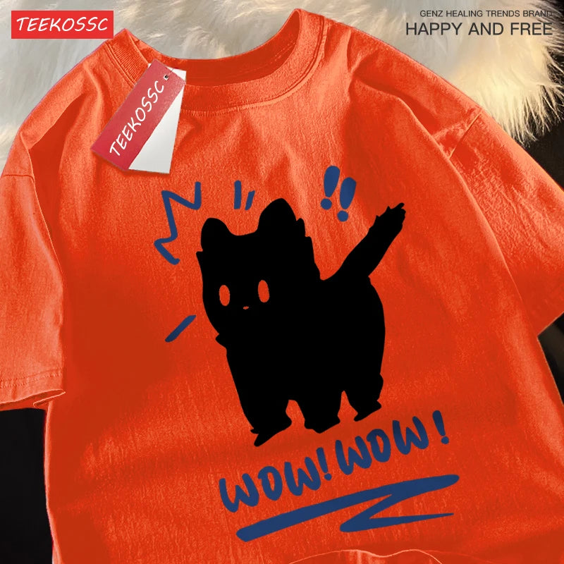 Siblings T Shirts Wow Wow Fun Black Cat Tops Casual Hip Hop Short Sleeve Sport Casual Clothing Cotton Breathable Siblings Tops