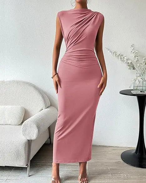 Women's Ruched Bodycon Dress Summer Casual Sleeveless Back Slit Elegant Club Evening Party Cocktail Maxi Dresses