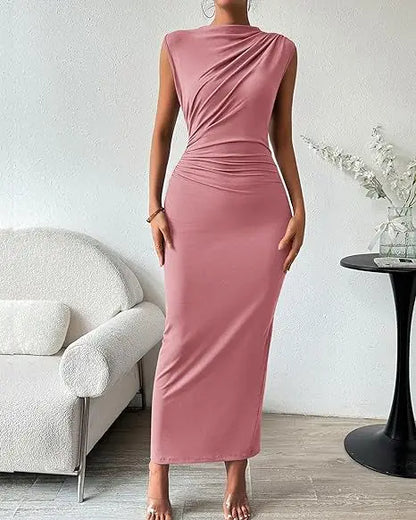 Women's Ruched Bodycon Dress Summer Casual Sleeveless Back Slit Elegant Club Evening Party Cocktail Maxi Dresses