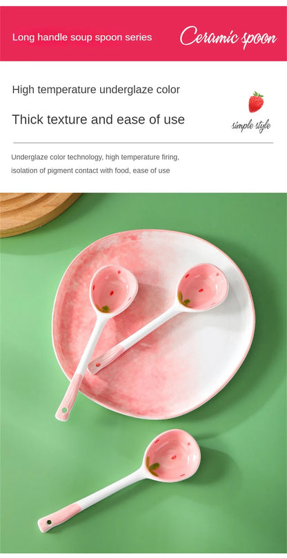 Strawberry Long Handled Ceramic Spoon Cute Household Stirring Spoon High Appearance Spoon Children's Soup Spoon