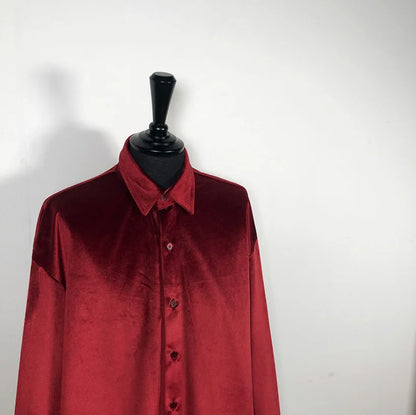 Men's Winter Velvet Shirt Red Black Luxury Clothes For Mens Burgundy chemise velours homme Korean Men Clothing Streetwear