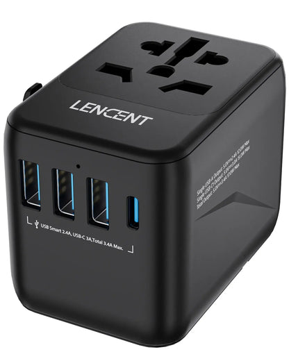 LENCENT Universal Travel Adapter with 3 USB Ports 1Type-C PD Charging All-in-one Travel Adapter EU/UK/USA/AUS Plug for Travel