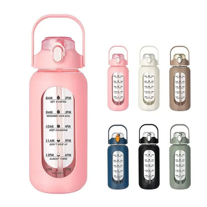 1000ML Glass Water Bottles with Straw, Glass Bottle with Silicone Sleeve and Time Marker, for Gym Camping Home Office