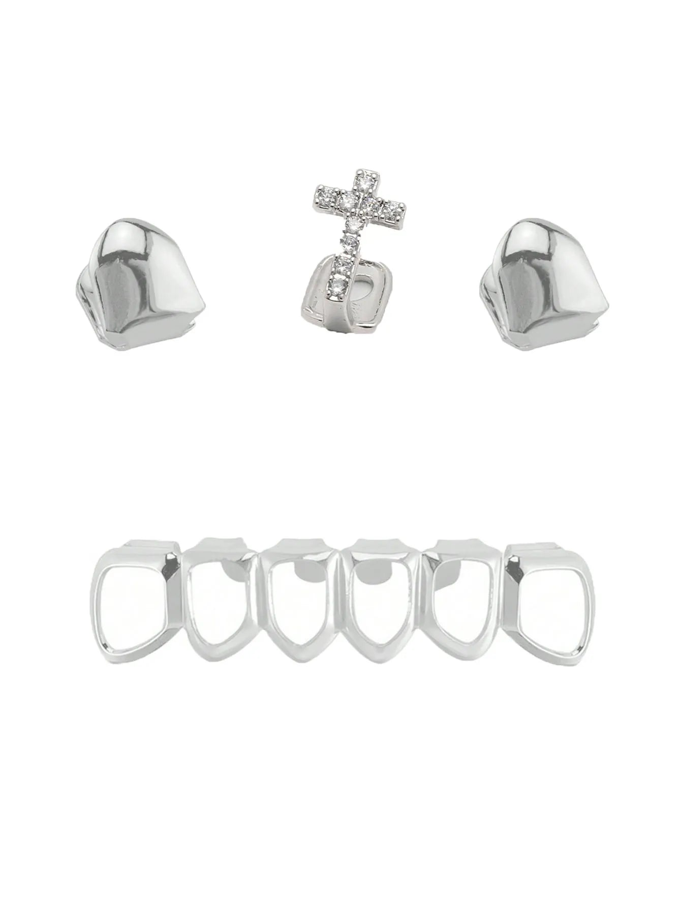 A Group Fashionable Teeth Decoration: Double Smooth Single Teeth With Zircon Crosses And Six Perforated Lower Teeth Made Of