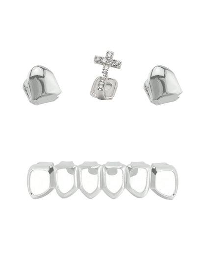 A Group Fashionable Teeth Decoration: Double Smooth Single Teeth With Zircon Crosses And Six Perforated Lower Teeth Made Of