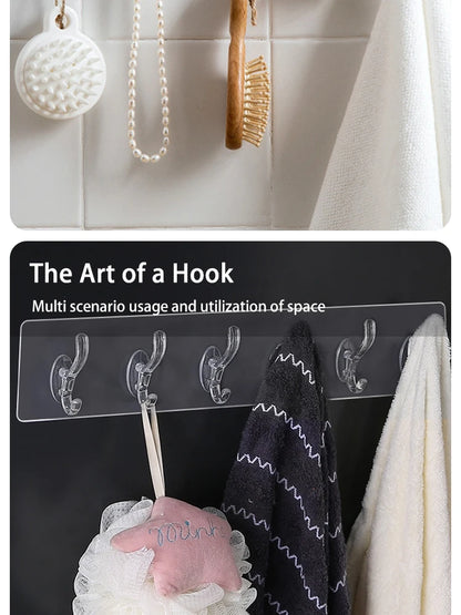 Transparent 6 Row Hooks No Trace Strong Hooks Sticky Rear Row Hooks for Hanging Towels Clothes and Coats Bathroom Accessories