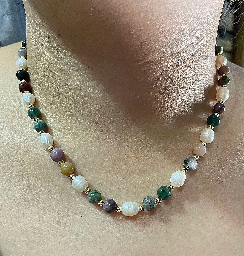 Unique design Pearl women's handmade pink colorful irregular gravel face necklace popular gift banquet party trendy charm.