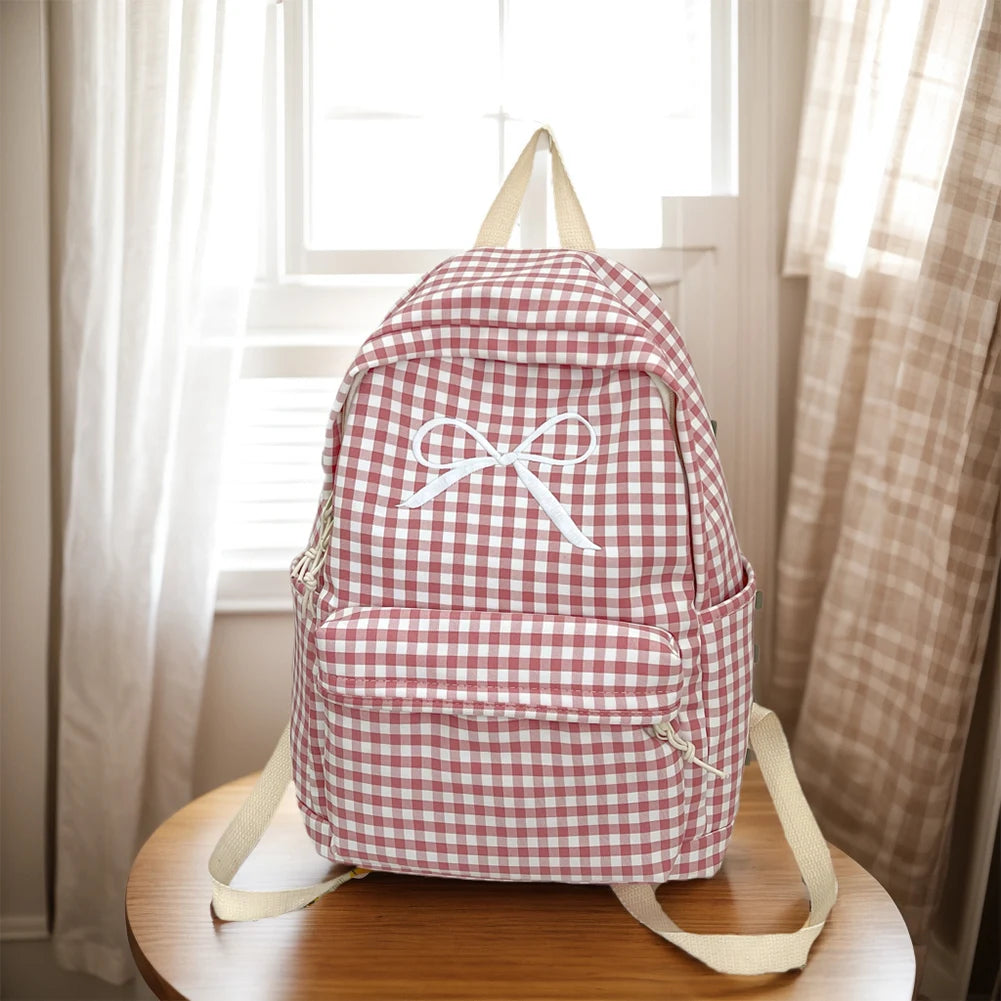 Cute Bowknot Plaid School Backpack Lightweight School Bag Nylon Student Rucksack for Girls Women High School College Work