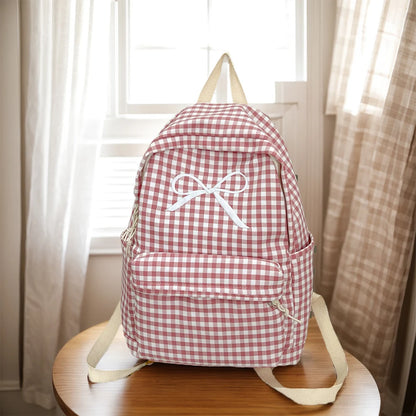 Cute Bowknot Plaid School Backpack Lightweight School Bag Nylon Student Rucksack for Girls Women High School College Work