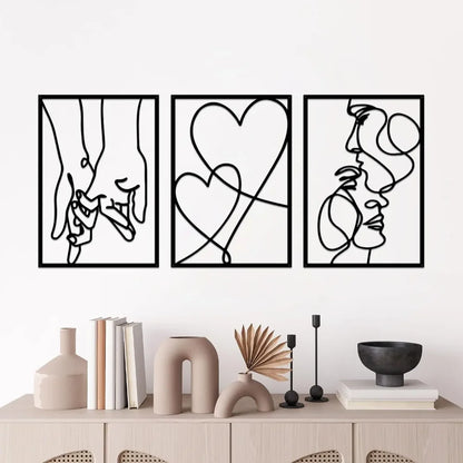 Metal Minimalist Line Wall Art - Valentine's Day Lover Kiss Hand Design, Aesthetic Modern Home Décor, Stylish Hanging Art