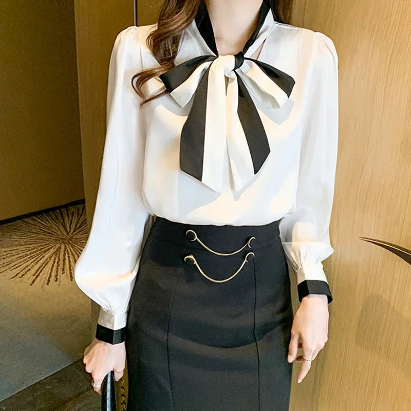 Elegant Office Blouses Women Chiffon Autumn Winter Korean Fashion Casual Streetwear Blusas Mujer Puff Sleeve Ladies Tops Shirts