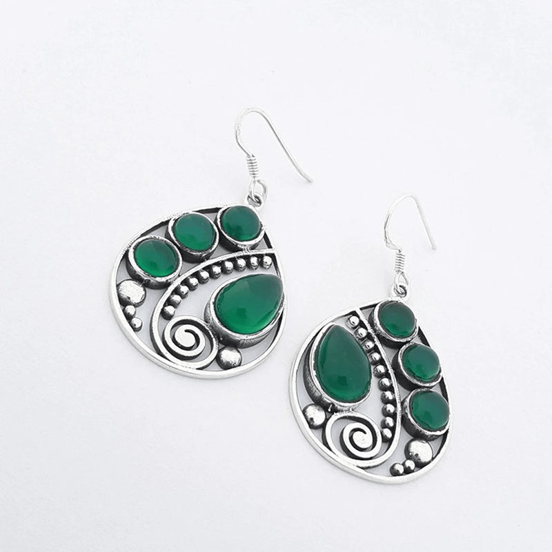 Vintage Waterdrop Metal Artisan Carved Spiral Earrings Set Green Round Stone Hook Drop Earrings Women