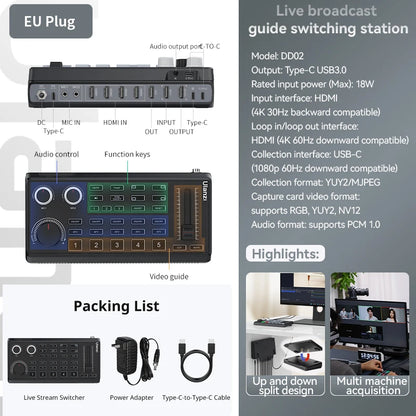 Ulanzi DD02 For Live Streaming Tool Video Mixer Video Switcher 4 CH HDMI Streaming 4K HD Screen For YUY2 MJPEG Capture Format