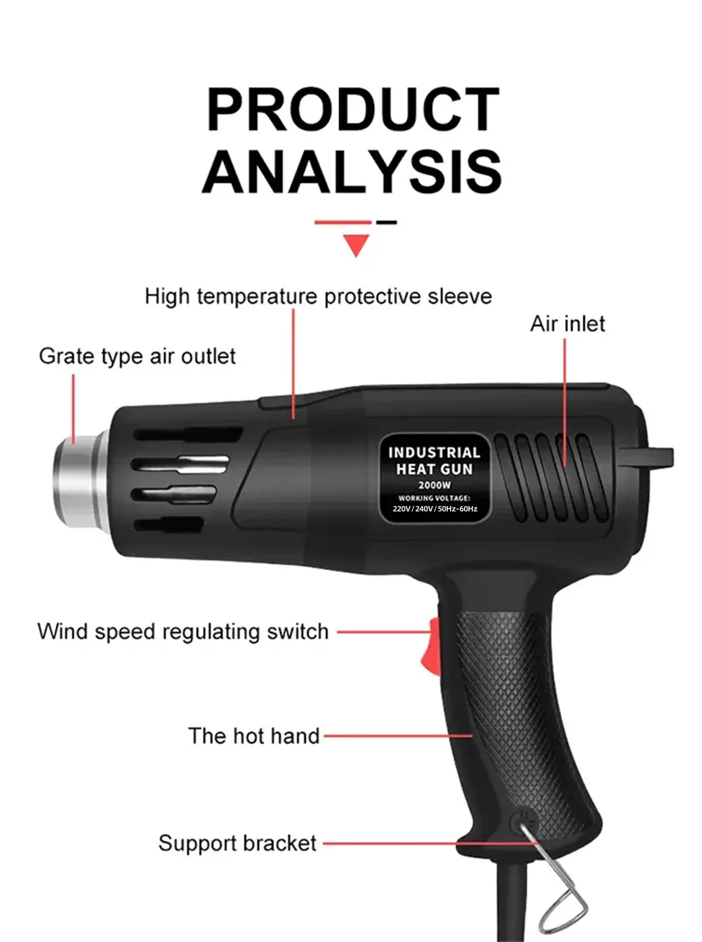2000W Hot Air Gun High Power Temperature Regulating Industrial Electric Heat Gun Automobile Film Baking Gun Tool