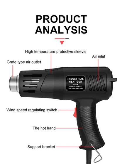 2000W Hot Air Gun High Power Temperature Regulating Industrial Electric Heat Gun Automobile Film Baking Gun Tool
