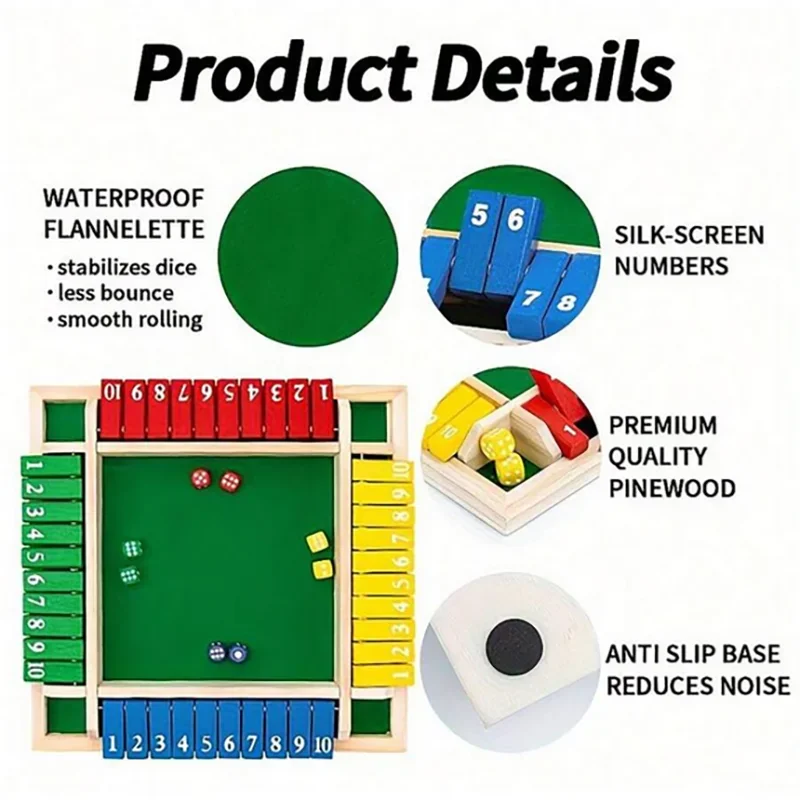 Classic 4 Sided Wooden Board Game With 2 Dice And Shut-The-Box Instructions, Classics Tabletop Version And Pub Board Game