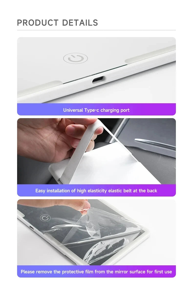 Car interior mirror, sun visor, LED high-definition makeup mirror, 3-mode touch screen adjustment,USBcharging,car makeup mirror