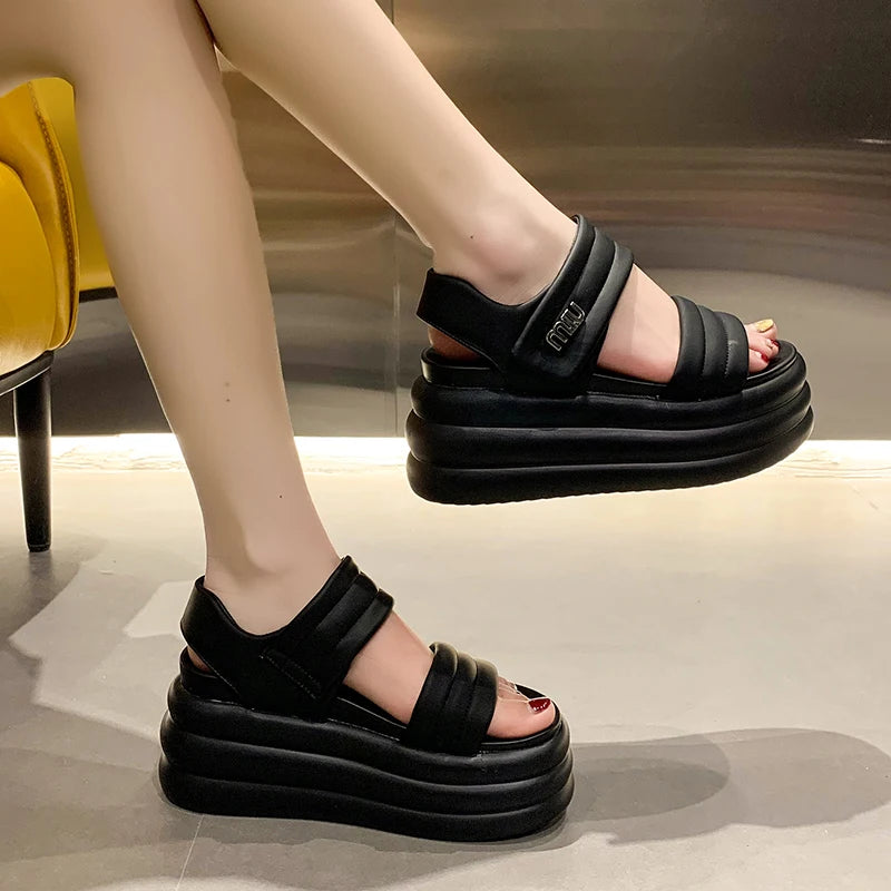 2025 Summer Women Chunky Sandals Leather High Platform Trainers Breathable Casual Slippers Shoes Woman 8.5CM Heels Wedge Sneaker