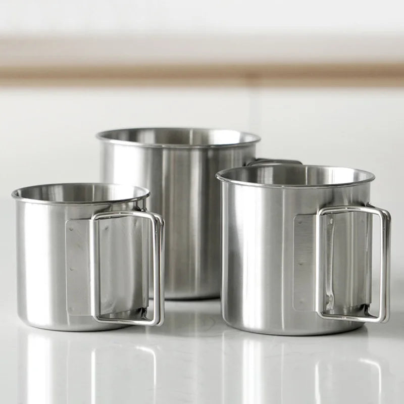 Stainless Steel Camping Cup 250/350/500ml Portable Carabiner Cups Outdoor Water Cup Mug With Foldable Handle Kitchen Drinkware