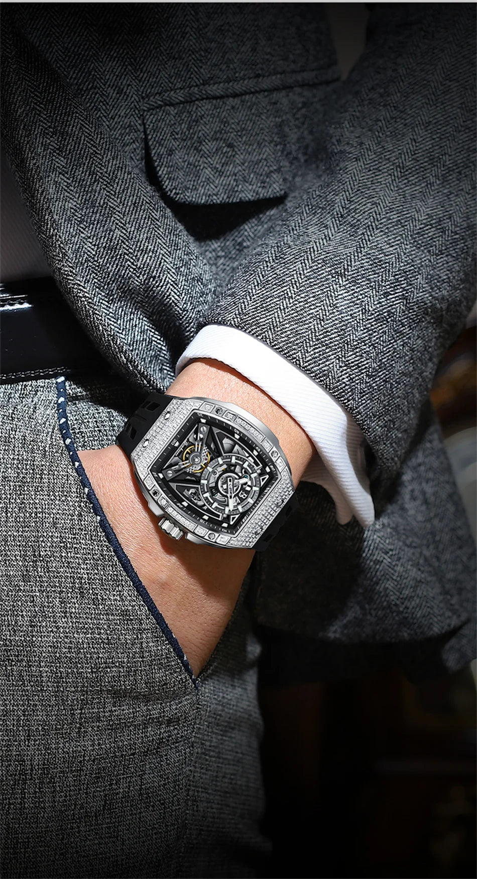 Men Mechanical Winding Watch Montre Homme 2024 New BRUBOSES 5ATM Water Resistant Luminous Tonneau Quartz Wristwatch WIth Diamond