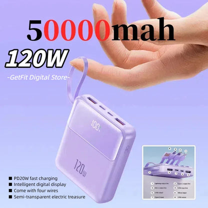 Portable Power Bank 50000mAh 120W Super Fast Charging Mobile External Battery With Four Cable Charger Suitable For iPhone Xiaomi