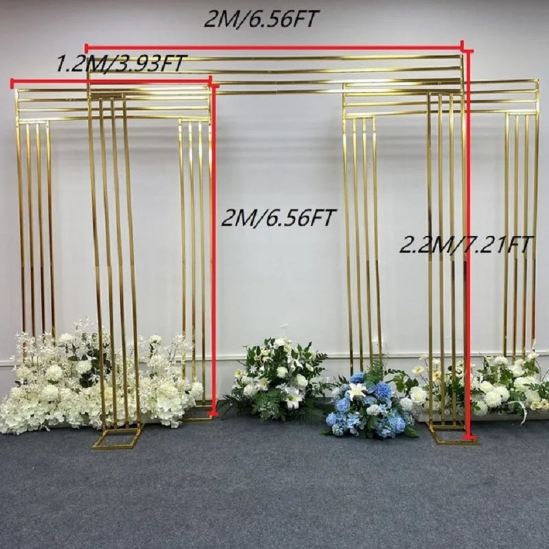 Shiny Gold-Plated Square Screen Backdrop Shelf, Wedding Arch, Geometric Flower, Door Stand, Artificial Flor, 2.2m, 3Pcs