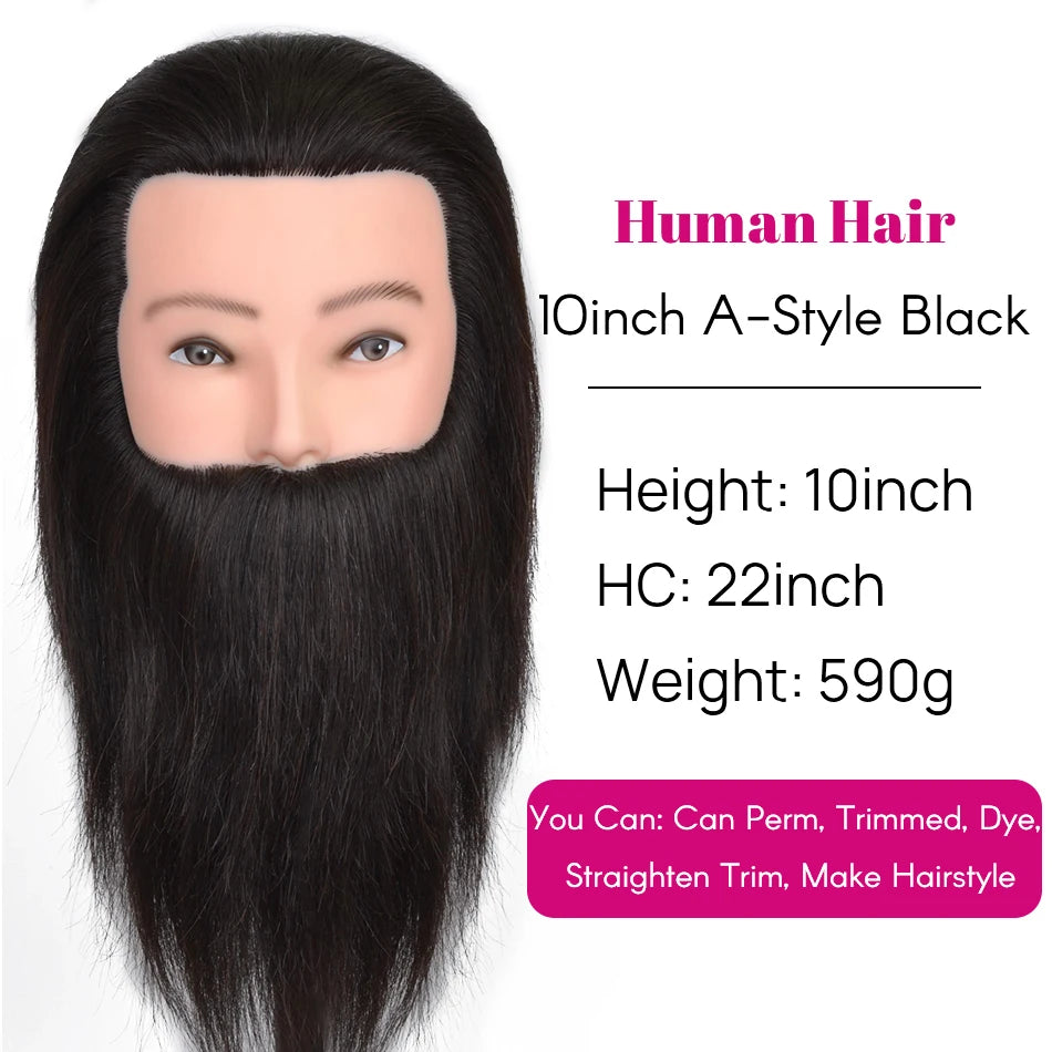 Male Mannequin Head With 100% Real Human Hair Black For Practice Hairdresser Cosmetology Training Doll Head For Hair Styling