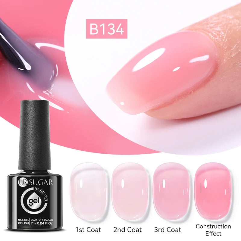 UR SUGAR 7ml Pale Pink Rubber Base Gel Nude Color Semi Permant Soak Off UV LED Self-leveling Gel Varnishes Great Coverage