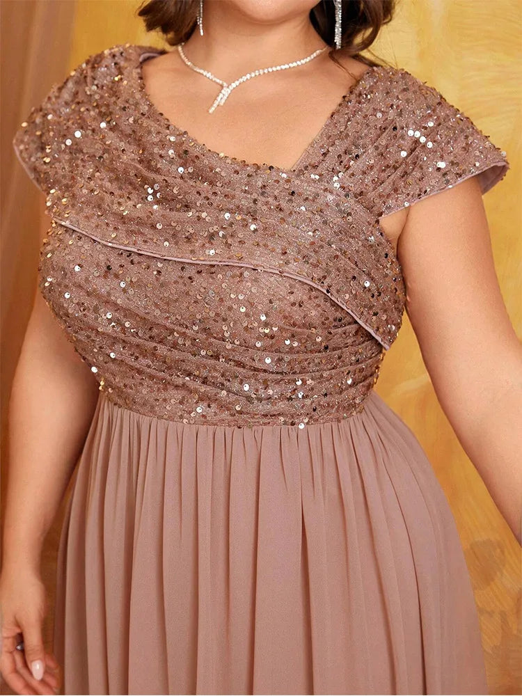 Plus Size Shiny Apricot Sleeveless Evening Chiffon Floor Floor Bridesmaid Dress Big Size Luxury Banquet Floor Floor Prom