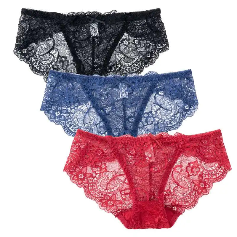 3PCS Hollow Out See Through Underpants Comfortable Briefs Sexy Ladies Lace Transparent Panties Low-Rise Lingerie