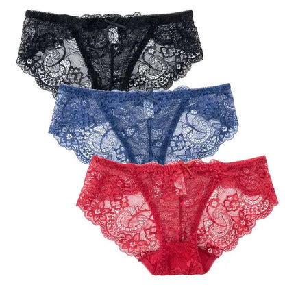 3PCS Hollow Out See Through Underpants Comfortable Briefs Sexy Ladies Lace Transparent Panties Low-Rise Lingerie