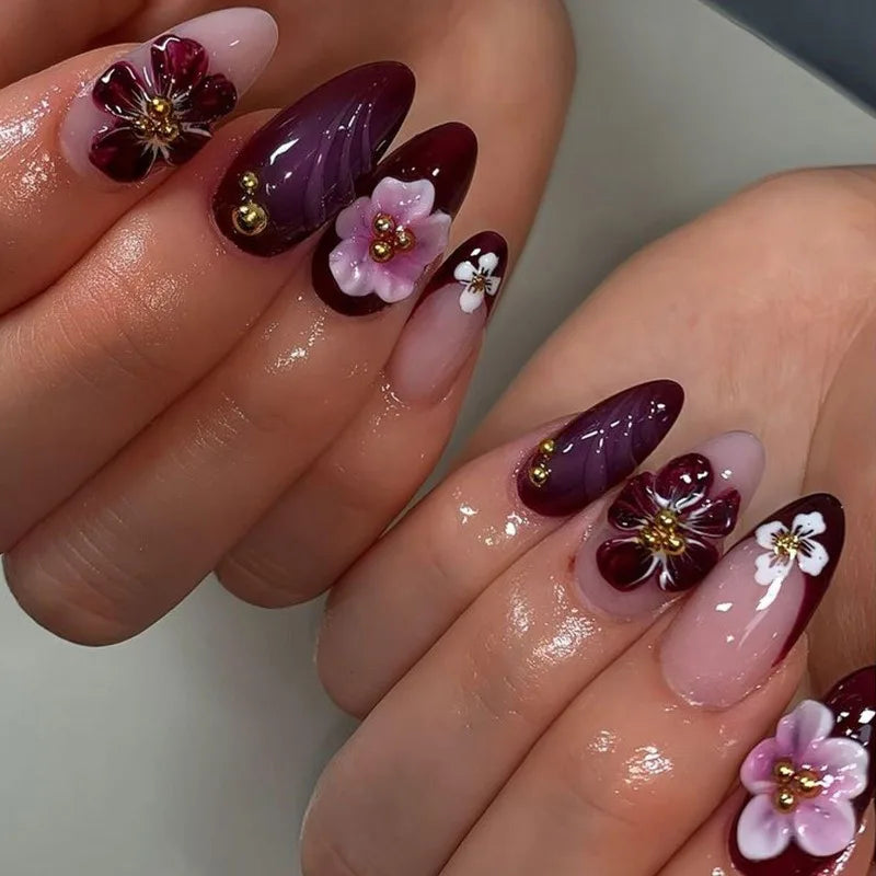 24Pcs Gradual Brown French Press on Nails 3D Mid-length Flowers Full Cover Almond Purple Nails with Colored Drawing Design Nail