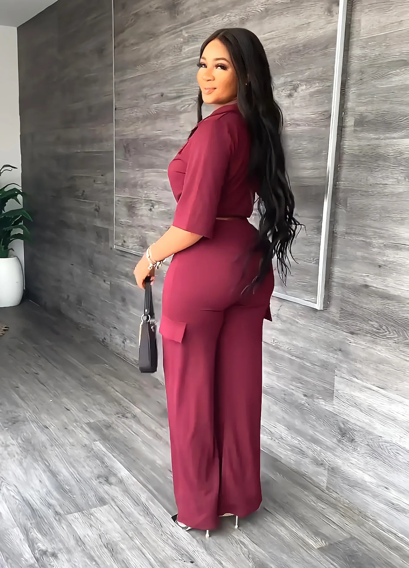 Elegant Office Women Two Piece Sets Autumn V Turn-down Neck Half Sleeve Drawstring Lace Up Short Shirt + Wide Leg Trousers Set